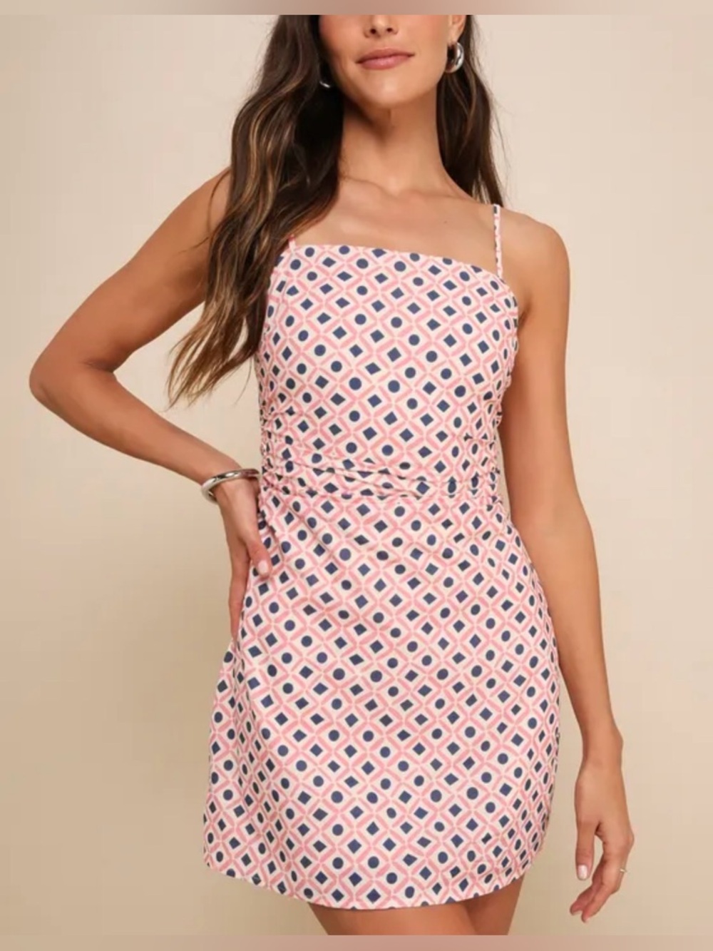 Lulus NWT “Charming Desire” Pink Geo Print Ruched Sleeveless Mini Dress. Small.